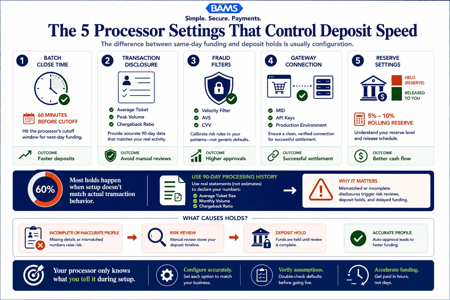 Enterprise fintech infographic showing the five processor configuration settings that determine whether merchant deposits settle quickly or get delayed by holds, fraud reviews, and batch timing issues.