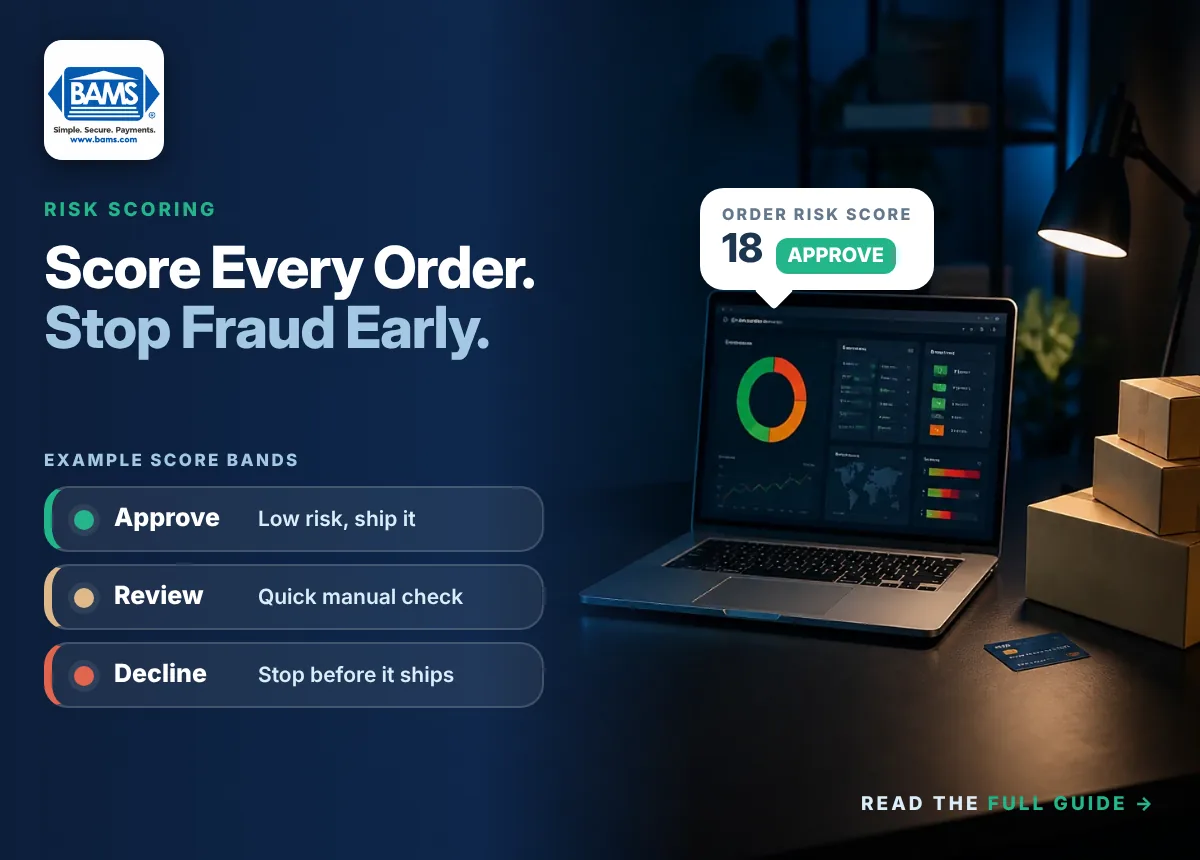 What Is Risk Scoring? Score Every Order, Stop Fraud Early Risk scoring dashboard on a laptop with an order risk score of 18 and example approve, review and decline score bands for fraud prevention