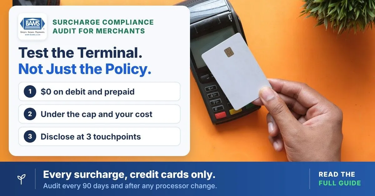 Empty retail checkout counter with pink tile walls beside a card reading Test the Terminal, Not Just the Policy