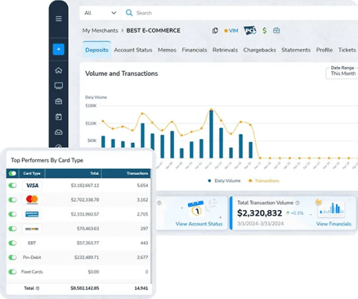 BAMS merchant dashboard showing volume and transactions