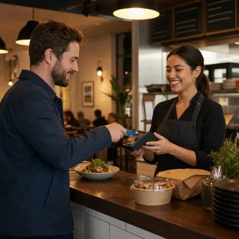 Customer tapping a payment card at a restaurant counter