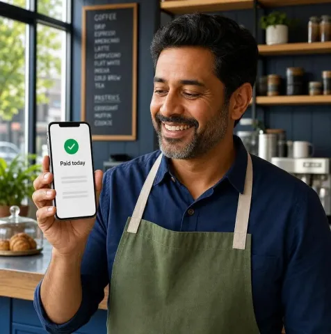 Merchant smiling at a phone showing a Paid today notification