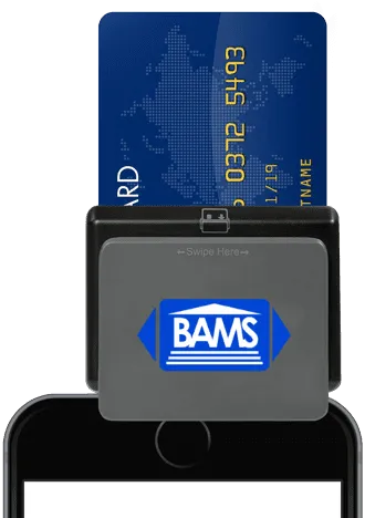 BAMS mobile payment reader attached to a smartphone