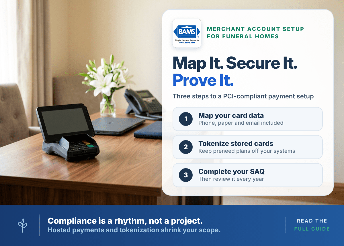 Merchant account setup for funeral homes checklist beside a card terminal covering card data mapping, tokenization and PCI self-assessment