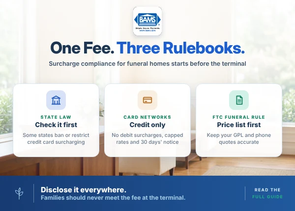 Surcharge compliance for funeral homes checklist covering state law, card network rules and Funeral Rule price disclosures