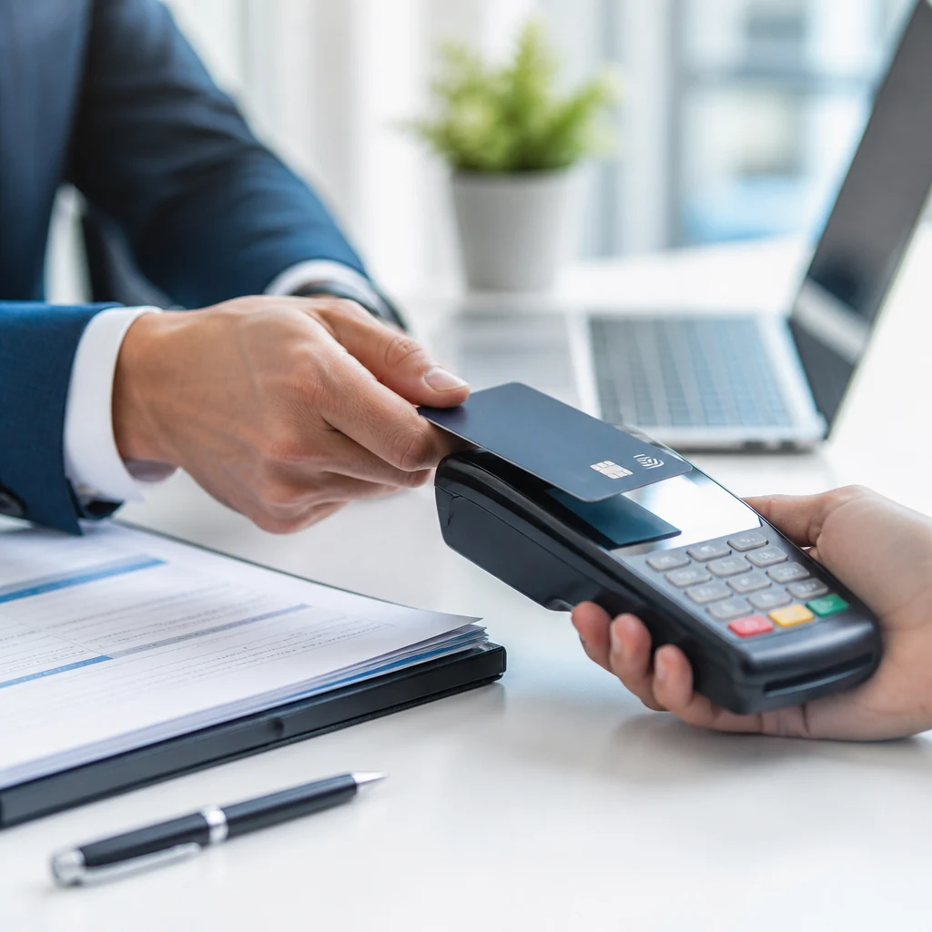 Professional completing a B2B corporate card payment at a payment terminal