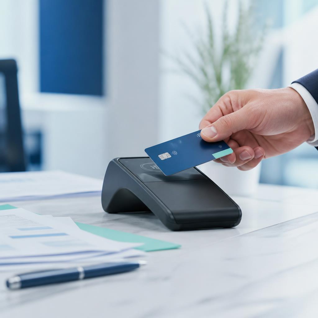 Corporate card being tapped on a modern payment terminal