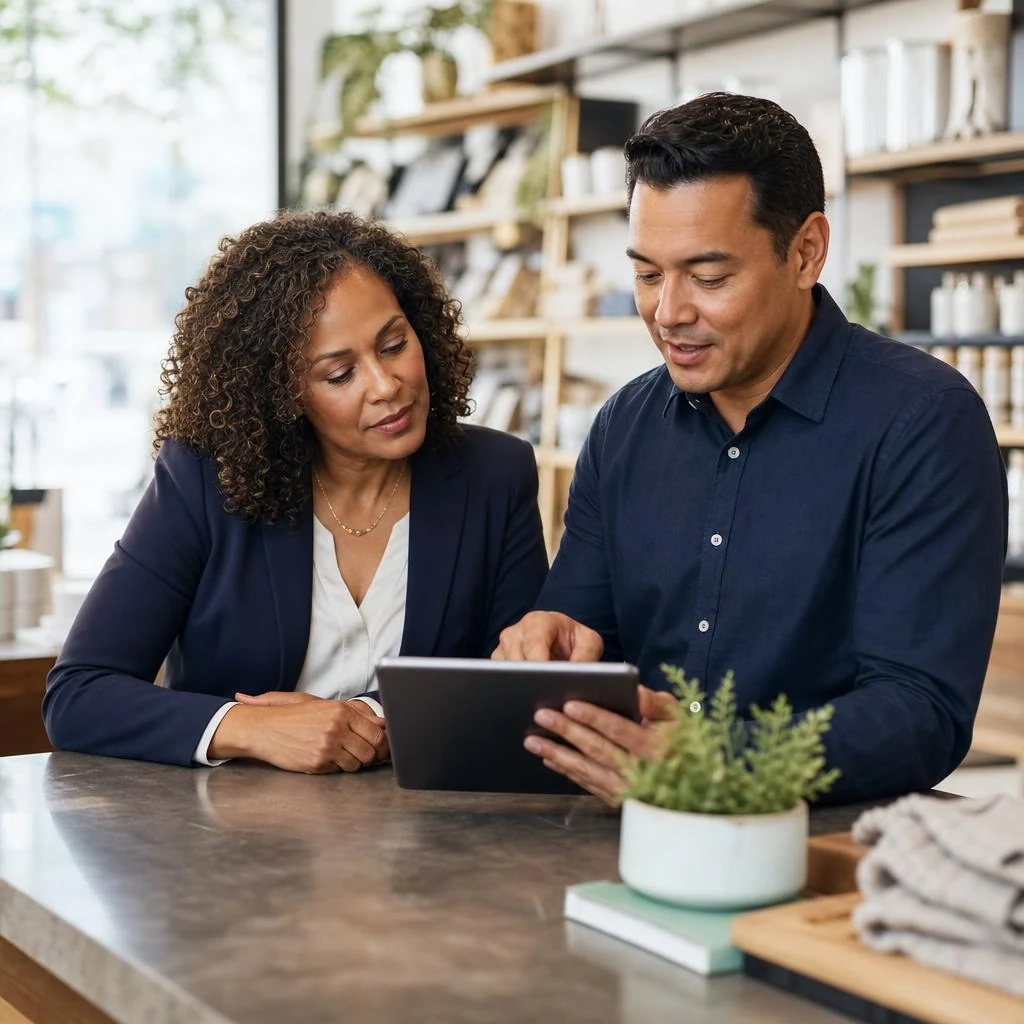 A business owner reviews payment options with a customer service representative