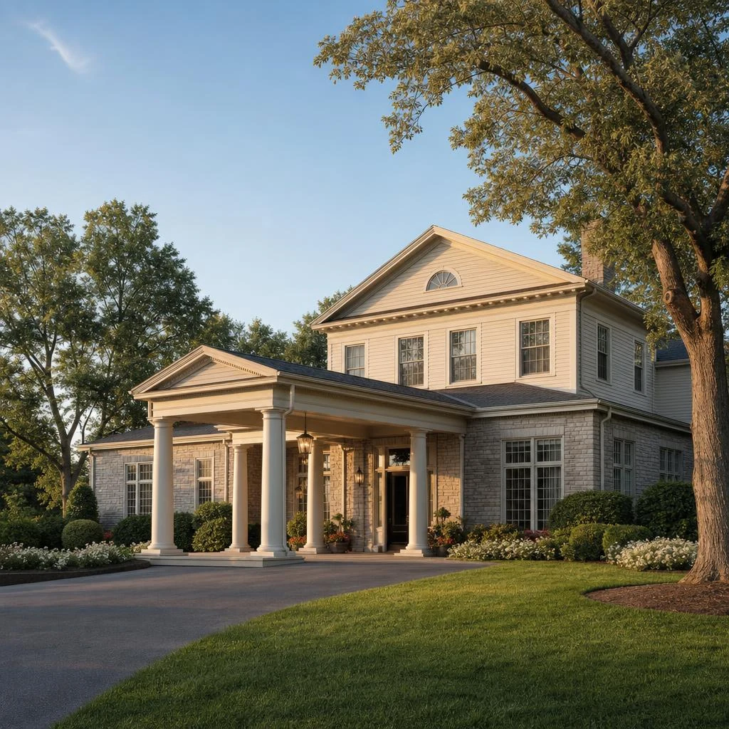 Funeral home building with a white columned entrance and landscaped lawn