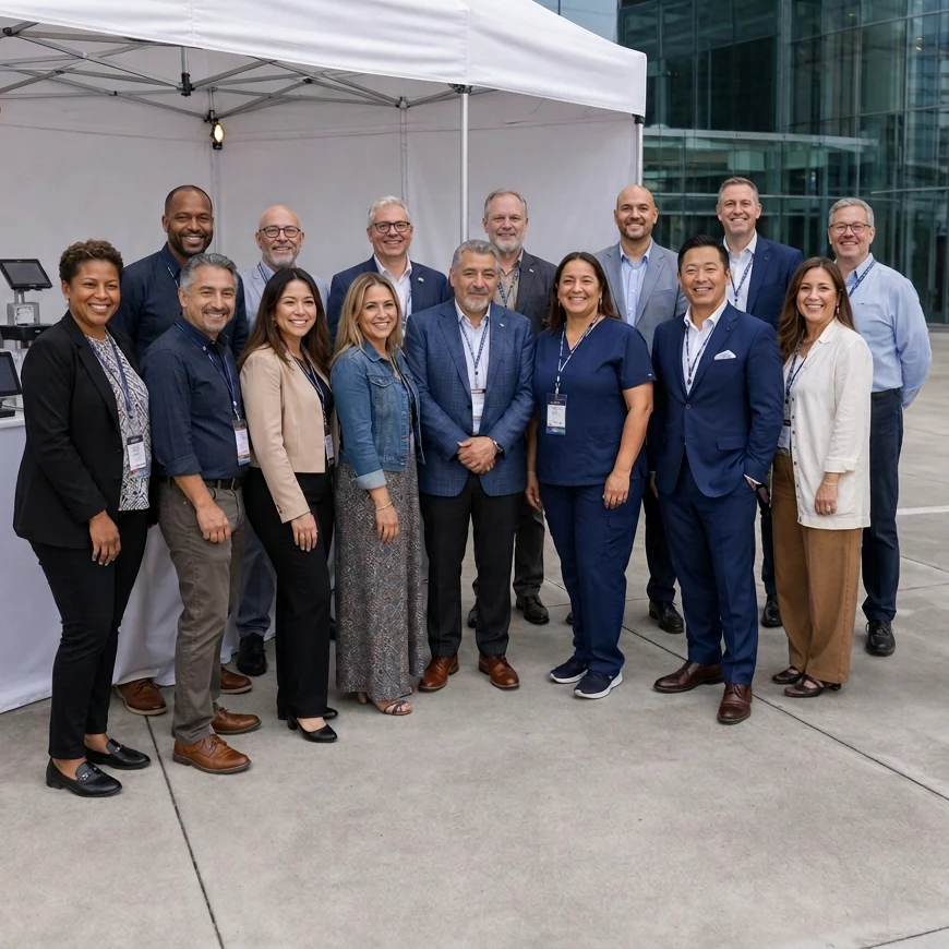 Fifteen business owners smiling toward the camera at an outdoor conference