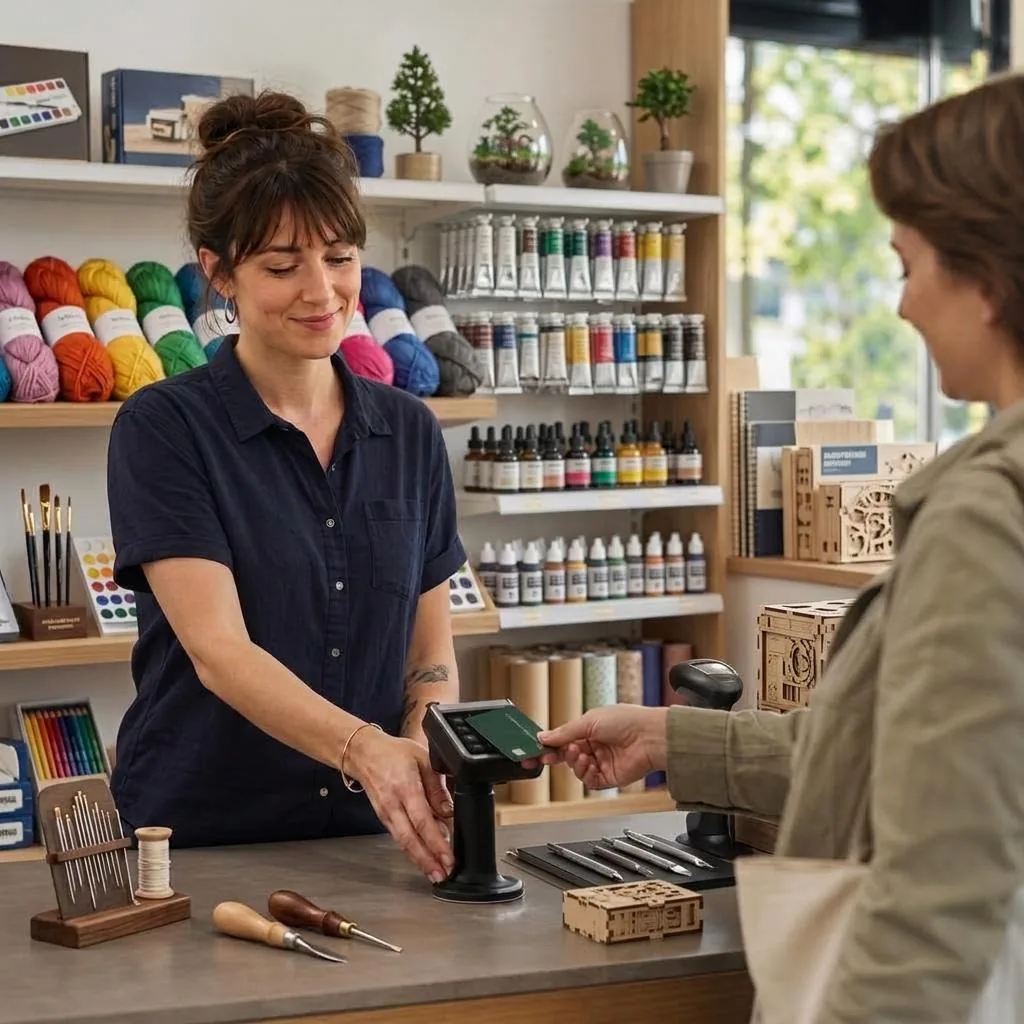 Hobby Shop Owner Taking A Customer Payment Hobby shop owner helping a customer pay at a counter surrounded by craft supplies