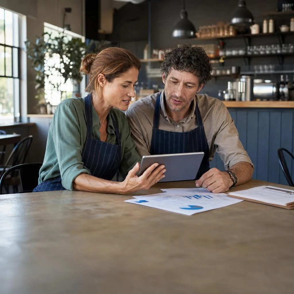 Small Business Owners Reviewing Merchant Funding Options Two small business owners reviewing financial charts and funding options together at a café table