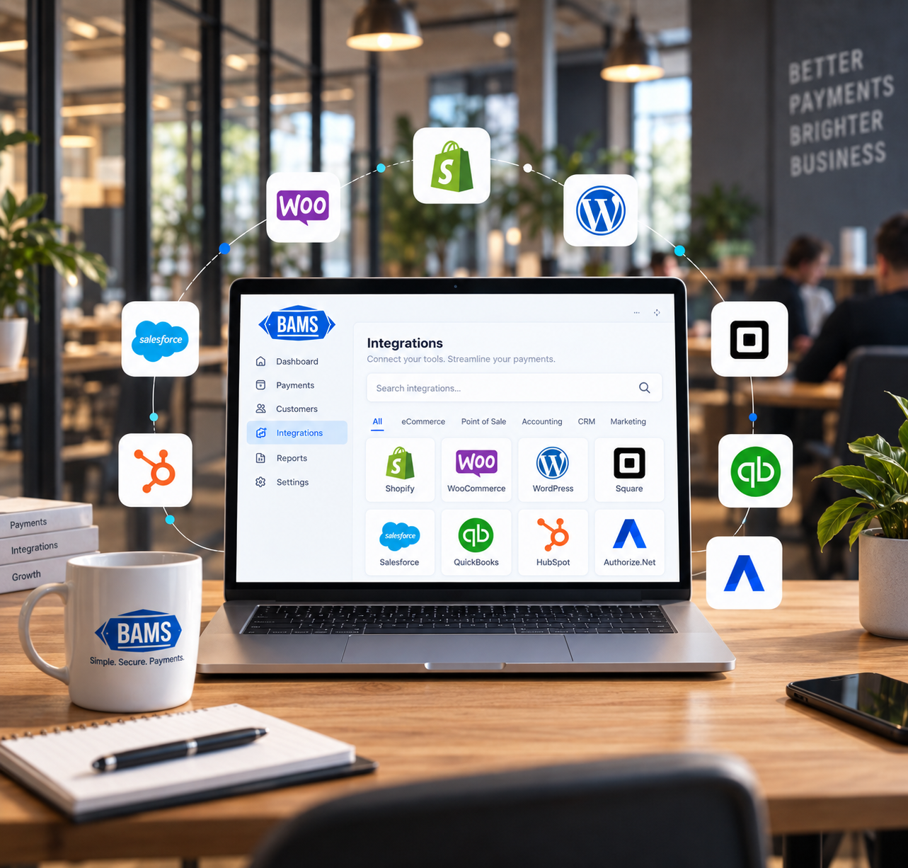 BAMS integrations workspace showing payment and business platforms connected around a laptop