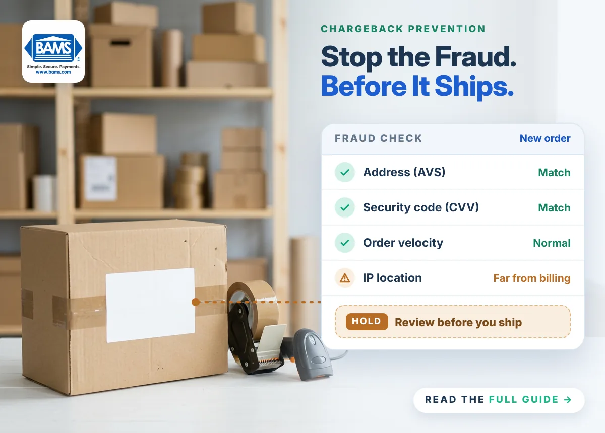 Chargeback Prevention Starts With Fraud Prevention Chargeback prevention fraud check showing AVS, CVV and velocity checks passing and an IP location warning that holds an order before it ships