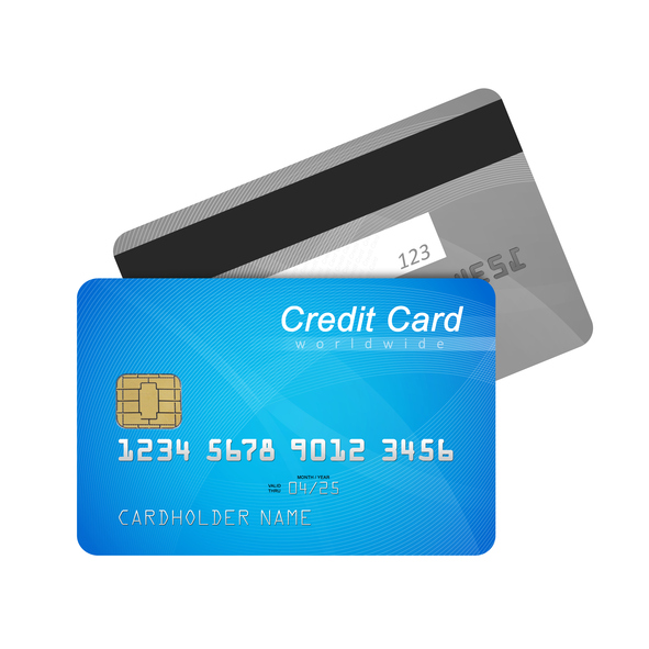 Fictitious bank credit card front with EMV and back with magnetic stripe