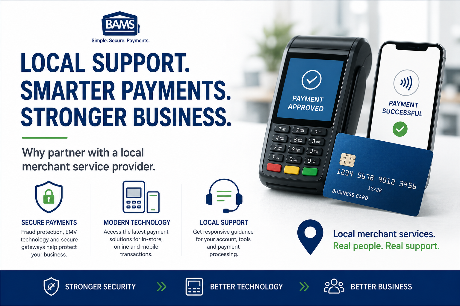 BAMS featured image showing a local merchant service provider with secure payments, modern payment technology and local support.