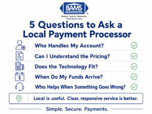 BAMS checklist infographic showing five questions businesses should ask a local merchant services provider before choosing a processor.