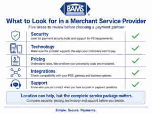 BAMS checklist infographic showing five areas businesses should evaluate when choosing a merchant service provider.