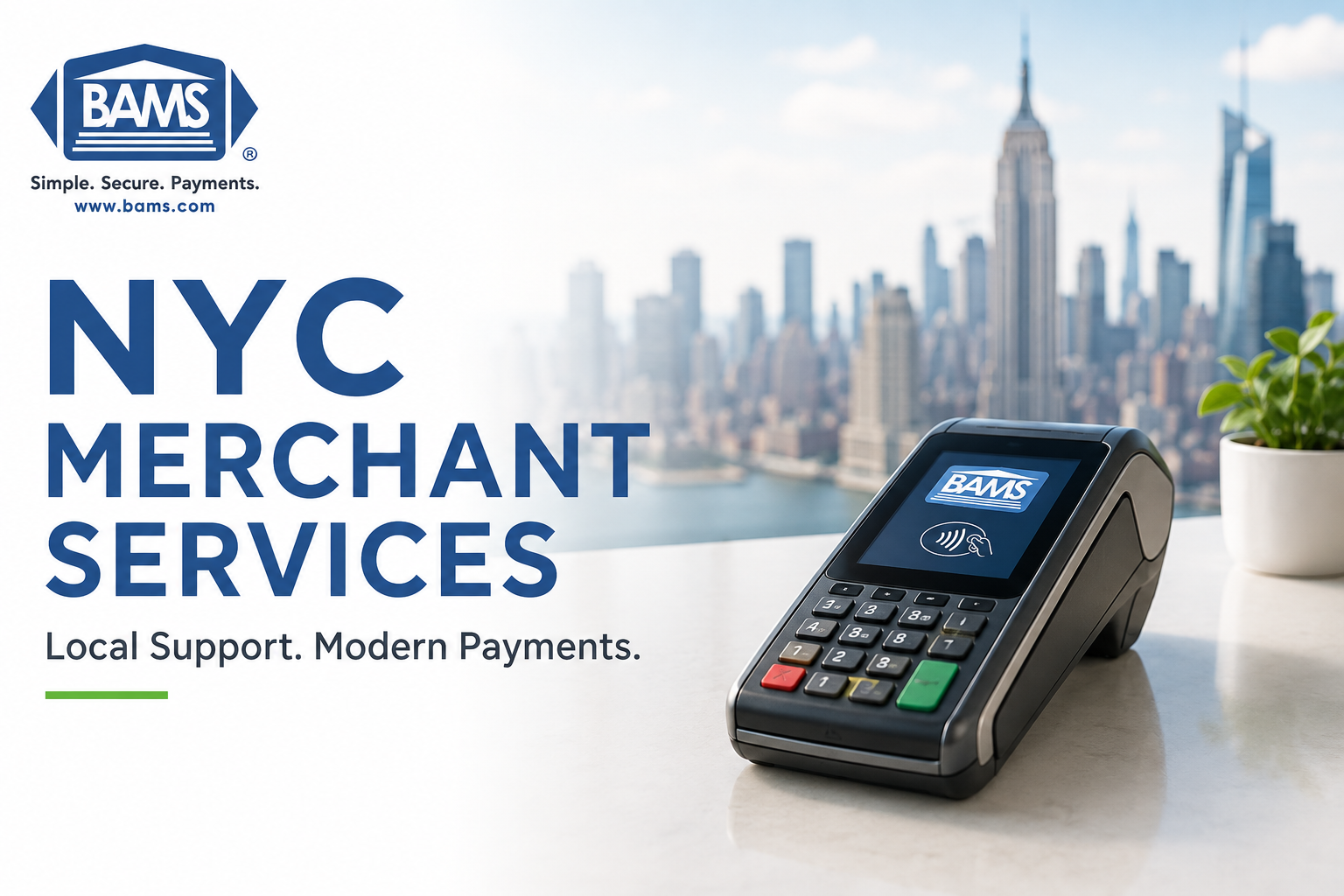 BAMS featured image showing NYC merchant services with a payment terminal and New York City skyline.