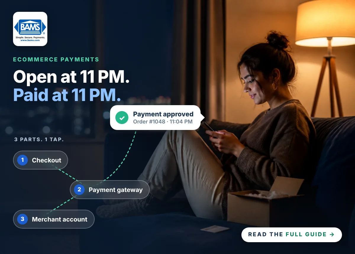eCommerce payment processing at night: a shopper pays on her phone from her sofa while checkout, payment gateway and merchant account connect to approve the order