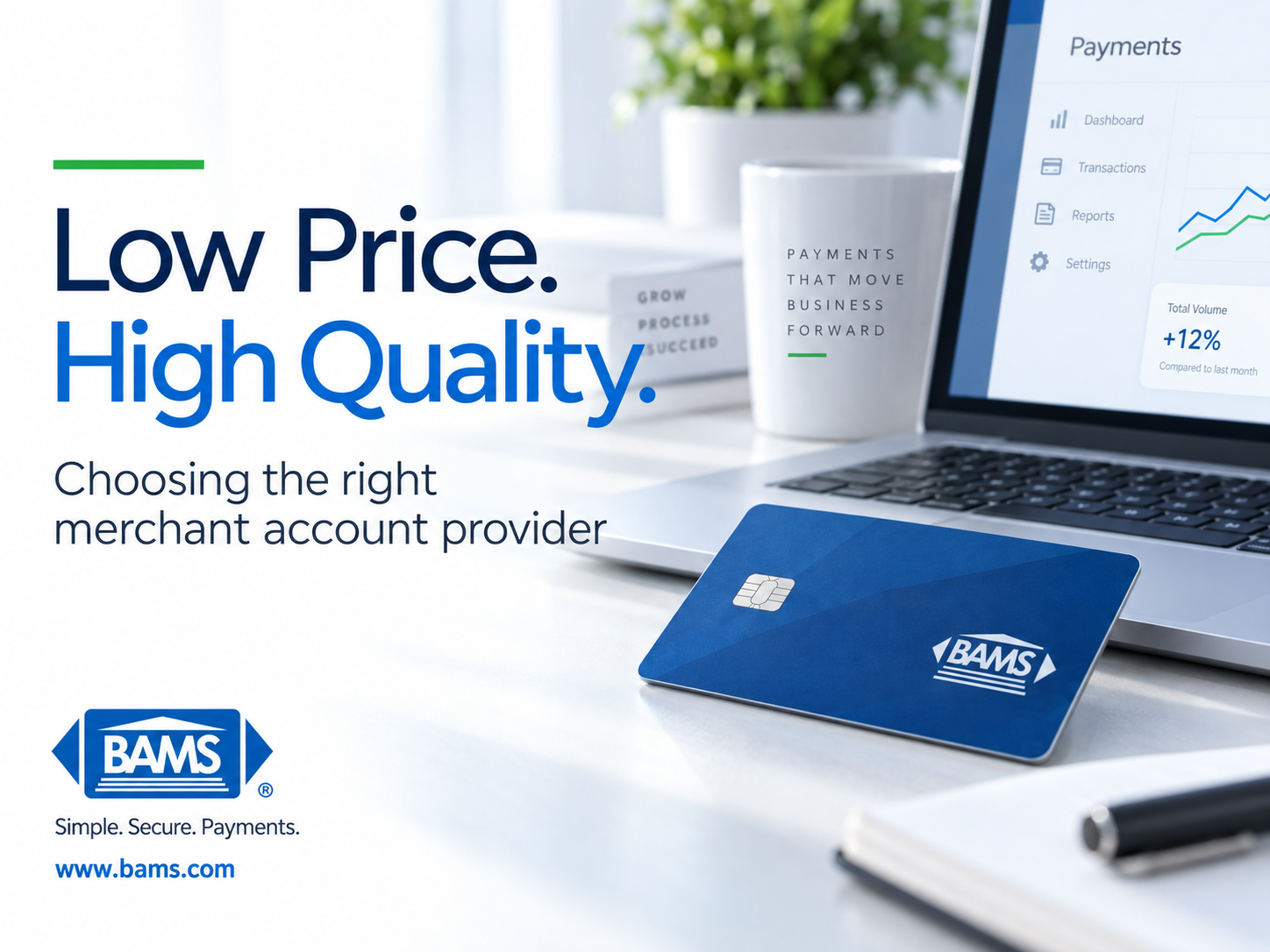 BAMS featured image about choosing a low priced quality merchant account provider with a payment card and merchant payments dashboard.