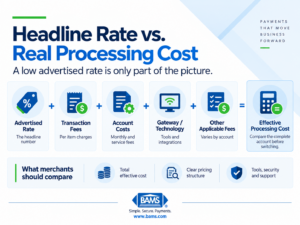BAMS infographic explaining how advertised rates, transaction fees, account costs, gateway technology and other applicable fees contribute to effective processing cost.