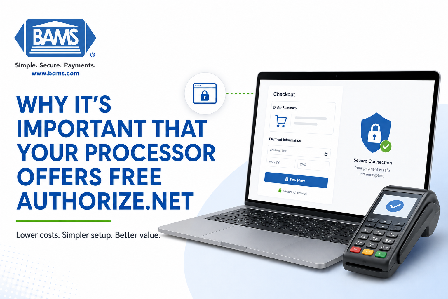 BAMS featured image explaining why a payment processor offering free Authorize.Net can provide lower costs, simpler setup and better value for merchants.