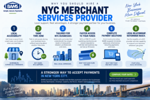 BAMS infographic explaining the benefits of hiring a NYC merchant services provider including local accessibility, same time zone support and payment solutions tailored to New York businesses.