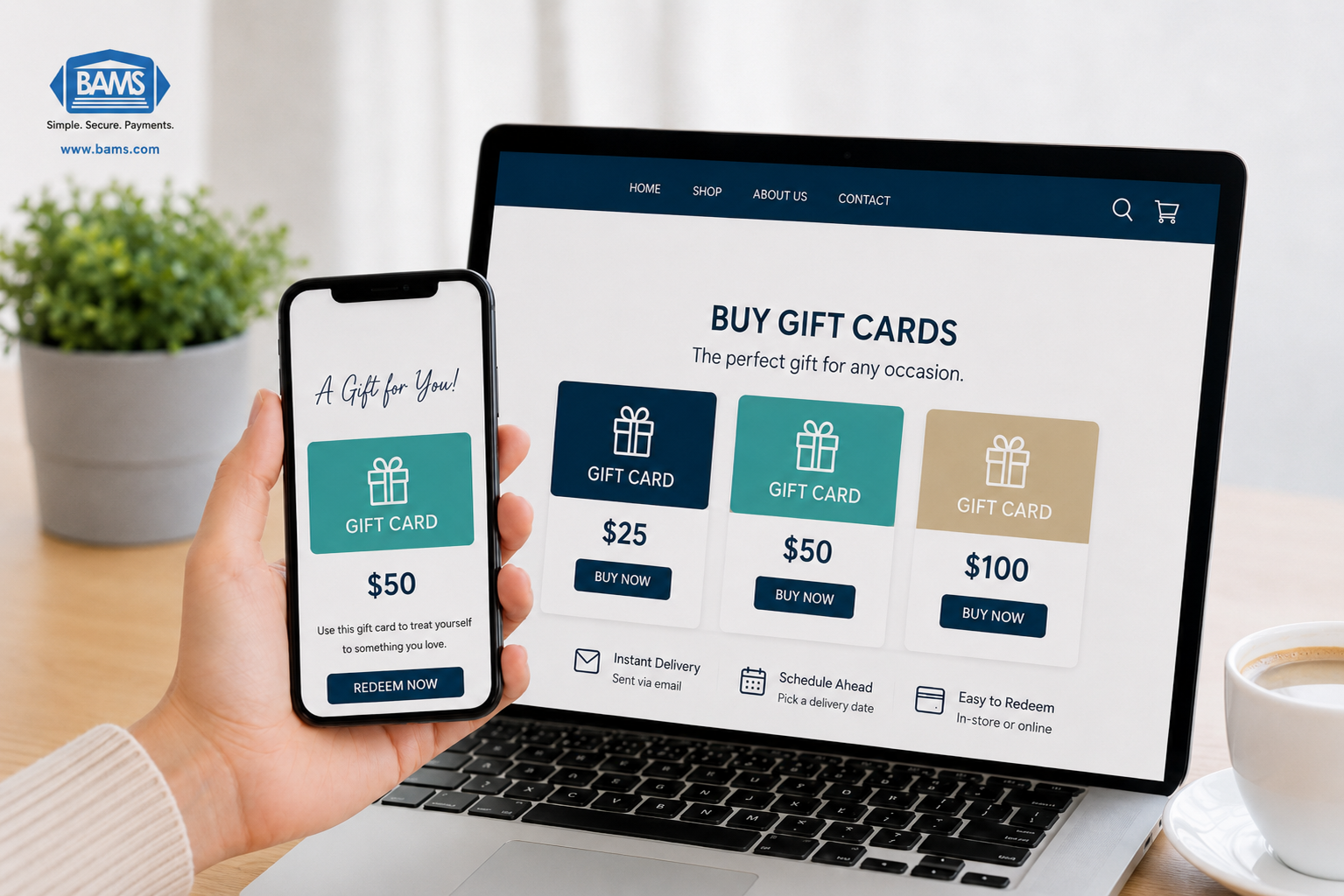 Online Gift Cards for Easy Digital Gifting | BAMS Online gift cards displayed on a laptop and smartphone with instant delivery, gift card amounts and BAMS branding.