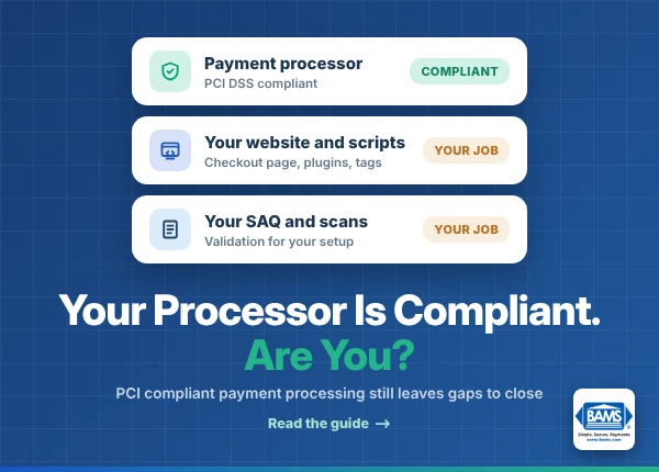Your Processor Is PCI Compliant. Are You? | BAMS BAMS graphic showing a compliant payment processor above merchant responsibilities for website scripts, SAQ and scans under PCI compliant payment processing.