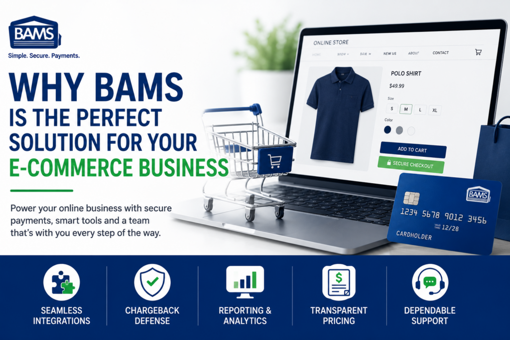 BAMS featured image showing eCommerce payment processing with secure checkout, integrations, chargeback defense, reporting, transparent pricing and support.