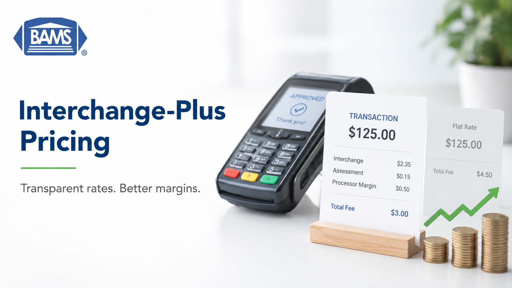 BAMS featured image showing a merchant statement separating interchange, network fees and processor markup.