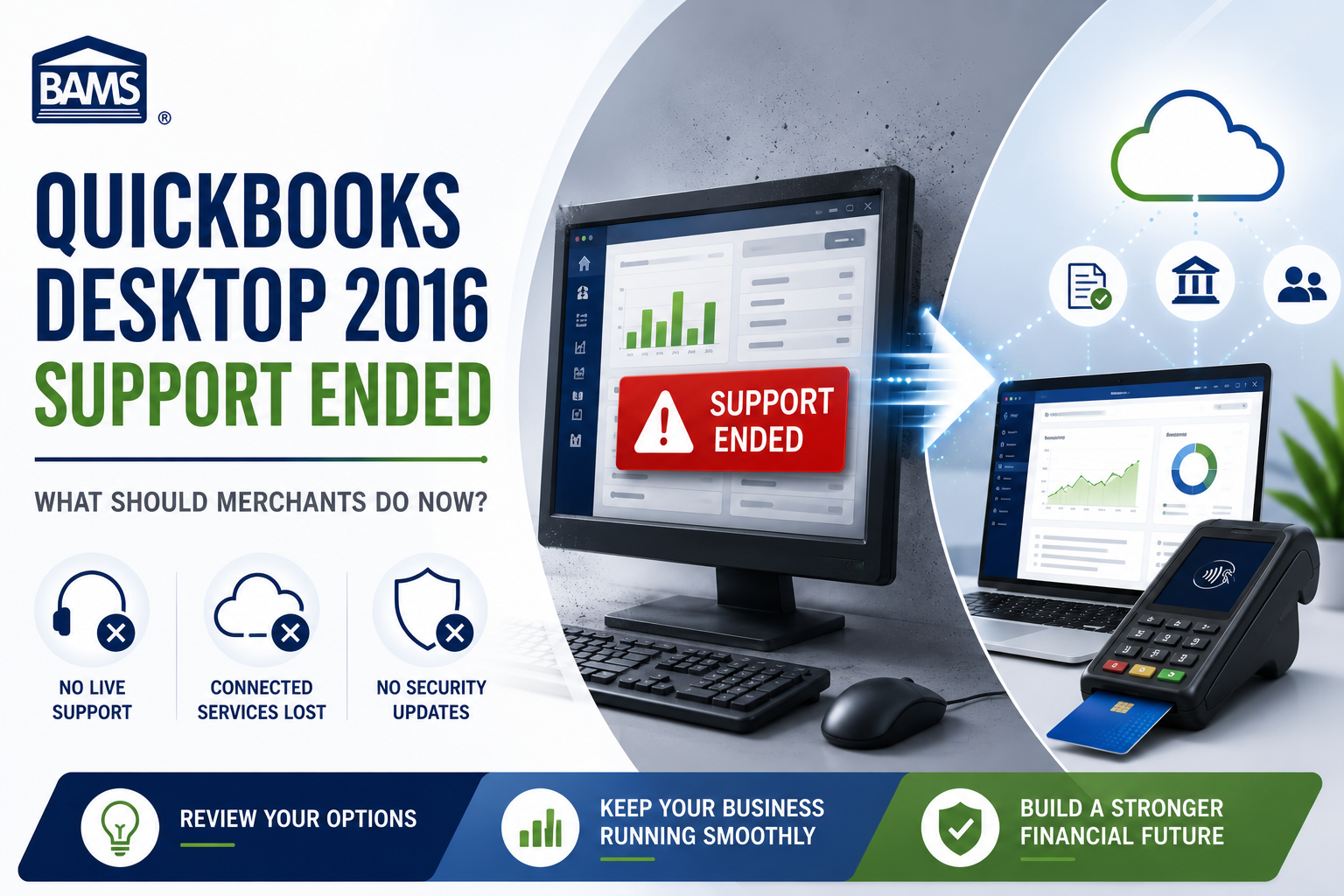 BAMS featured image showing QuickBooks Desktop 2016 support ending and merchants reviewing modern accounting and payment options.