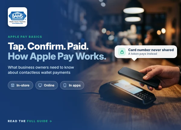 How Apple Pay Works for Business Owners How Apple Pay works: a customer taps a phone on a contactless card terminal while the card number stays protected by a token