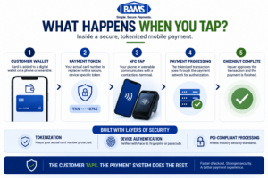 BAMS infographic showing how a tokenized mobile wallet payment travels from a smartphone through a contactless terminal and payment processor for authorization.