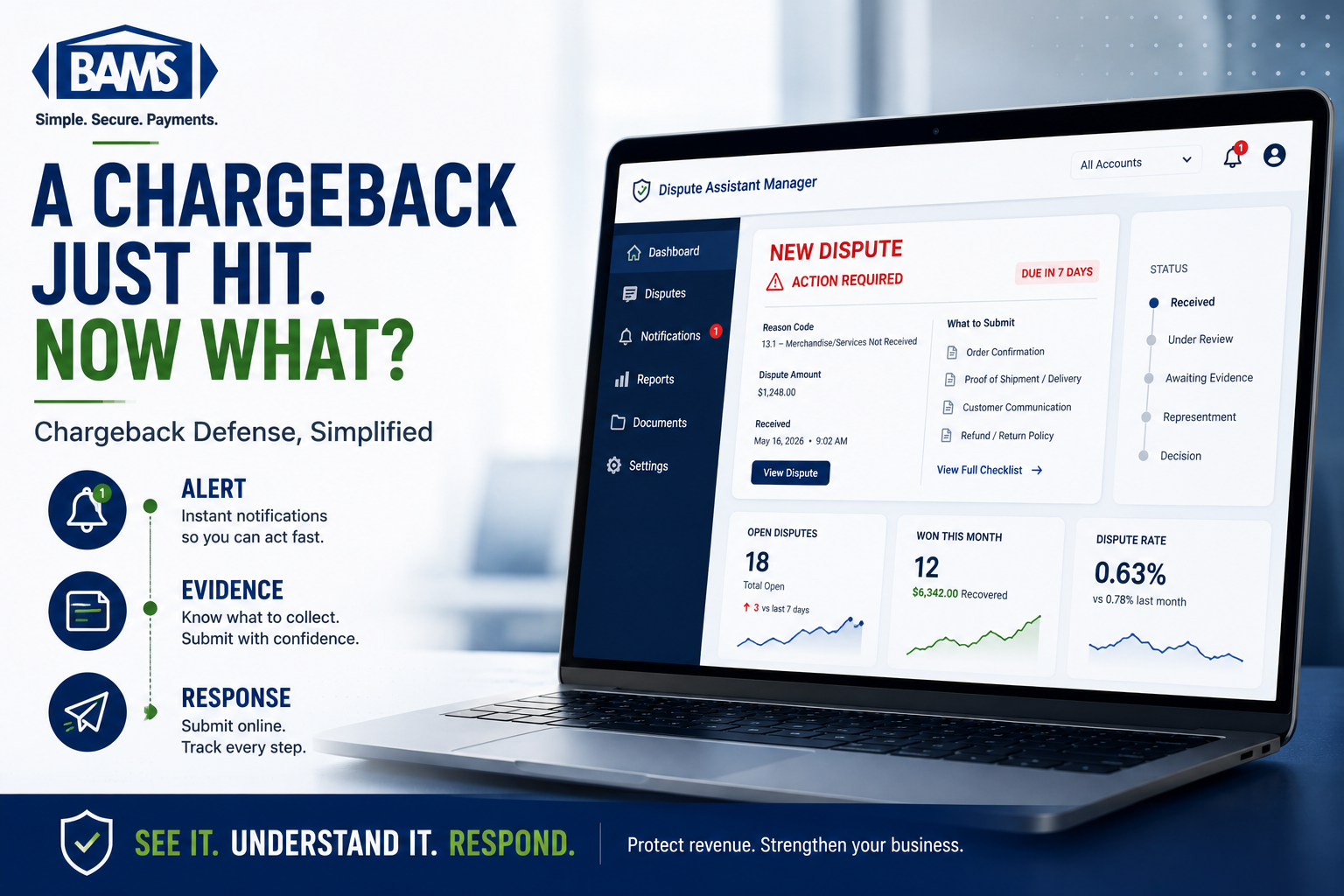 BAMS featured image showing a disputed card transaction being reviewed through a digital chargeback management dashboard.