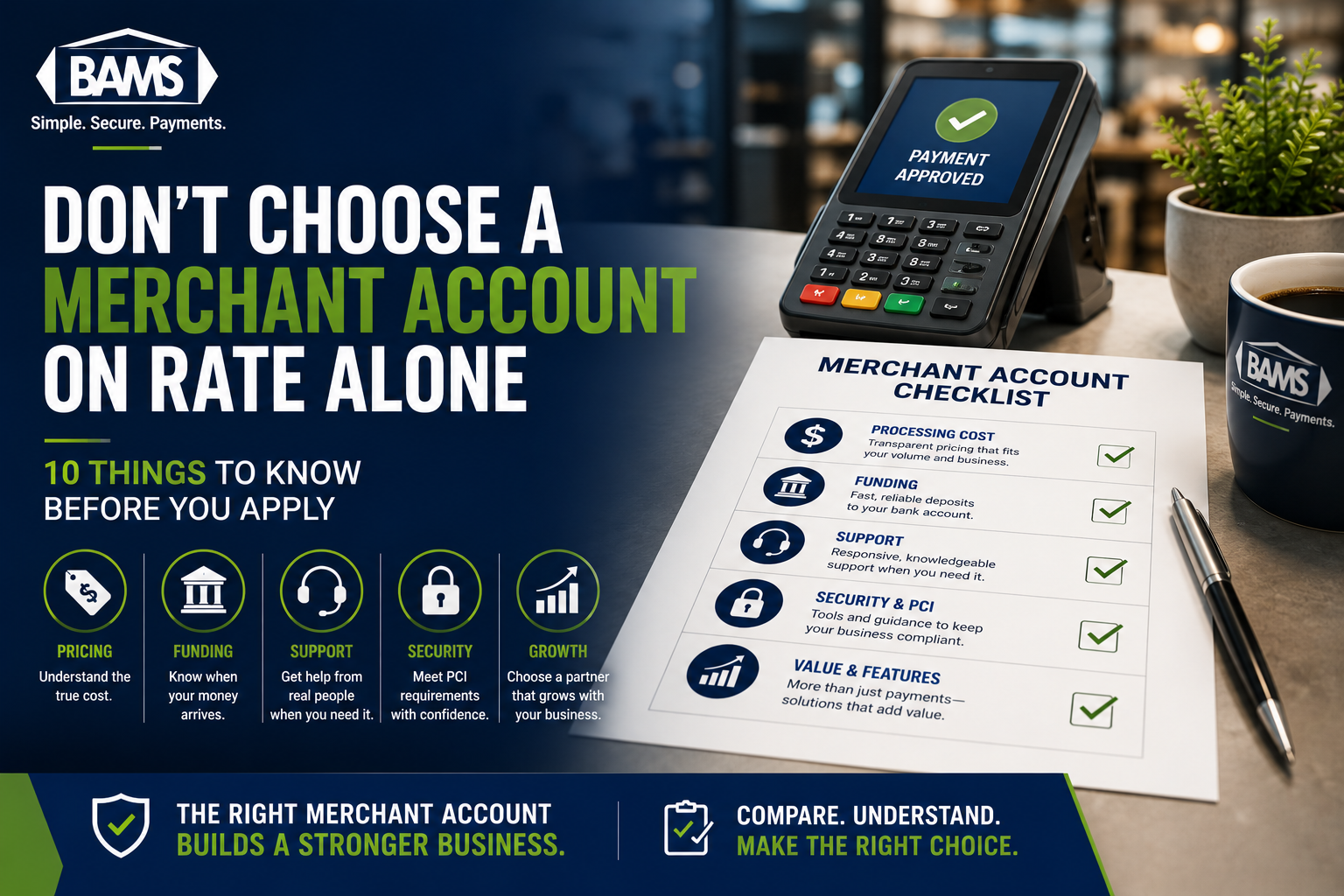 BAMS featured image showing a business owner evaluating merchant account pricing, funding and payment-processing features.