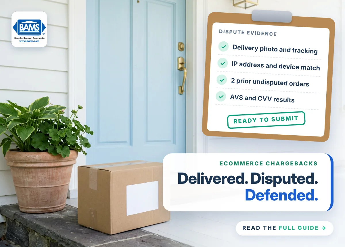 Preventing Fraud-Related Chargebacks in eCommerce Fraud-related chargebacks in eCommerce: a delivered package on a doorstep beside a dispute evidence checklist with delivery proof, IP and device match, and AVS and CVV results
