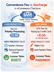 Convenience fee vs surcharge comparison in ecommerce checkout showing perceived value versus penalty cost impact on customer trust