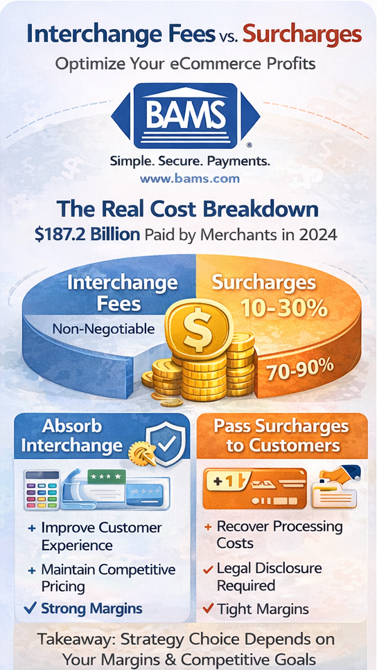 Interchange fees vs surcharges comparison in eCommerce showing cost breakdown, average 2.35 percent interchange rate and surcharge recovery impact on profit margins