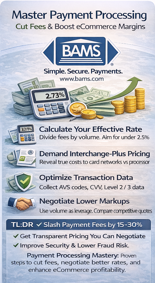 Payment processing optimization framework for eCommerce showing effective rate calculation, interchange-plus pricing, transaction data optimization, and markup negotiation strategies