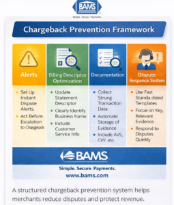 Chargeback prevention framework showing strategies merchants use to reduce chargeback fees including alerts, billing descriptor optimization, documentation, and fast dispute response