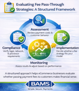 Framework infographic showing how eCommerce businesses evaluate surcharge and convenience fee strategies including assessment, compliance, implementation, and monitoring