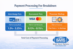 Payment processing fees breakdown showing interchange fees, assessment fees, and processor markup components that determine total merchant costs