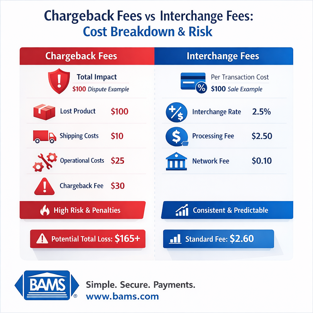 chargeback fees vs interchange fees cost breakdown showing total loss impact and transaction-based fees for eCommerce merchants