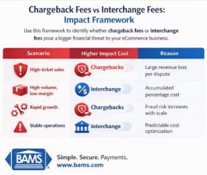 chargeback fees vs interchange fees impact framework showing scenarios where each cost affects merchant profitability and risk