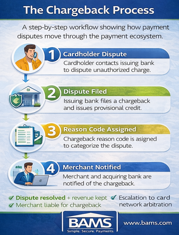 Infographic showing the chargeback process including cardholder dispute, issuing bank review, reason code assignment, merchant response, and final resolution.