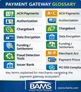 Payment gateway glossary infographic showing key merchant payment terms including ACH payments, authorization, chargebacks, encryption, settlement, and PCI DSS compliance.