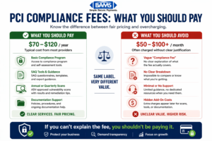 breakdown of PCI compliance fee value showing expected services such as vulnerability scans, SAQ support, documentation tools, and breach protection compared to unclear offerings