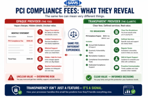 comparison of transparent versus opaque payment processors showing differences in PCI compliance fee clarity, services provided, and overall merchant value